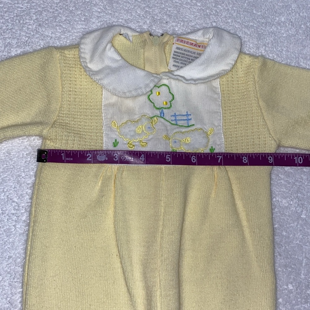 Vintage friemanit knit Yellow Kids sheep One Piece footed unisex play suit 6m - Picture 4 of 9
